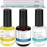 LOUINSTIC 3-in-1 Gel Nail Remover Kit – Gel Nail Polish Remover, Liquid Latex Peel-Off Tape, Cuticle Oil for Nails & Manicure Tools – Acetone-Free, Low Odor, Removes Gel in 2–5 Min, No Foil