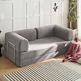 COMFYZOO Modern Convertible Lounge Chair, Corduroy Fabric, Square Platform Design with Metal Frame, Floor Sofa Bed with Fixed-Shape Frame,Living Room Seating with Armrest (Grey, 2-Seater Sofa)