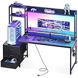 Casaottima 48 Inch Gaming Desk with Hutch & 3 Fabric Drawers, Computer Desk with USB Ports & LED Lights, Reversible Pc Gamer Table with Monitor Stand for Home Office, Carbon Fiber Black
