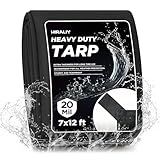 HIRALIY 20 Mil Heavy Duty Waterproof Tarp, 7x12ft Black Tarpaulin with Reinforced Webbing Loops, Multipurpose Oxford Canvas Tarp for Firewood, Roof, Camping, Pool