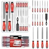 SHALL 17Pcs Metal File Set - Premium Grade T12 Drop Forged Alloy Steel - Flat/Triangle/Half-round/Round Large File & 12pcs Needle Files with Storage Box, Wire Brush - for Metal, Wood & Plastic