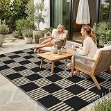 Garvee Waterproof Outdoor Rug 5x8, Checkered Foldable Plastic Straw Patio Camping Rug, Outdoor RV Carpet for Deck Camper Porch Balcony Backyard Picnic Beach Black and Brown