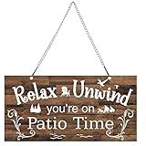 Hotop Outdoor Patio Sign Decoration Metal Patio Signs Decor for Backyard Porch Wall Art Balcony Gazebo Accessories Relax Placard for Christmas Outside Decorations(10 x 5",Brown)