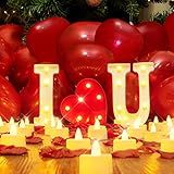 Homemory I Love U Light Up Letters Proposal Decorations, I Love U Sign with 24Pcs Flameless Candles 1000Pcs Red Fake Rose Petals 30Pcs Red Balloons for Valentine's Day Wedding Proposal Romantic Night
