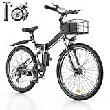 Flydone Urban/Folding Electric Bike for Adults 36V 13Ah Peak 1000W 26" with Basket Dual USB Charging Ports Full Suspension 7 Speed Gearshift Ebike 20mph Foldable Electric Mountain Bike
