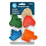 R&M Transportation Theme Cookie Cutter Stamper 4 Piece Set, Assorted Colors, Train, Boat, Helicopter, Car Cookie Stamper