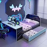 Bellemave Full Size Gaming Bed with Desk and USB,Full Bed with Trundle,Wood Platform Bed with Trundle for Girls Boys,Cloud Blue