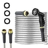 AnyEasy Stainless Steel Garden Hose 50ft Heavy Duty Metal Water Hoses with 10 Function Water Hose Nozzles for Yard Outdoor