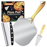 Sharmila Pizza Peel 12 Inch, Aluminum Pizza Paddle with Foldable Wooden Handle,Pizza Rocker Cutter,and Metal Pizza Spatula-Ideal for Family Pizza Oven Baking,Dough,Bread & Pastry