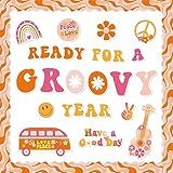 Whaline 60Pcs Groovy Back to School Bulletin Board Kit Pink Orange Retro Boho Bulletin Board Set Rainbow Flower School Bus Guitar Decoration Borders Cutouts with Glue Points for Classroom Office Decor