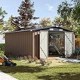 Aoxun 10 x 12FT Outdoor Storage Shed with Double Hinged Large Door Utility Garden Shed with Lockable Door & Sloped Roof Metal Sheds Outdoor Storage for Garden, Backyard, Patio and Backyard, Brown