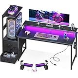 AODK 59 Inch Gaming Desk with USB Charging Ports & LED Light- Reversible Computer Desk with Storage Shelves & Monitor Stand, Modern Gamer Desk Table with Fabric Drawers & Side Hook, Carbon Fiber Black