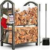 AMAGABELI GARDEN & HOME Firewood Rack Indoor with Tools 5-Piece Fireplace Tools Set Wood Holder Outdoor Wrought Iron Log Holder Firewood Storage Rack for Fireplace,Fire Pit,Wood Stove Bronze