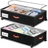 Tsinglax Under Bed Storage with Wheels 2-Pack, Under Bed Storage Containers 66L Clear Lids, Rolling Storage Drawers for Clothes Shoes Blankets, Underbed Organizer Bins(30" L x 16.2" W x 7.5" H)