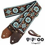 Nefelibata Guitar Strap,Jacquard Embroidery Cotton Guitar Straps with Crazy Horse Leather Ends for Bass, Electric & Acoustic, Best Gifts for Kids, Guitarists(Blue flower embroidery)