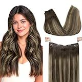 GOO GOO Wire Hair Extensions Human Hair, 4/26/4 Chocolate Brown with Honey Blonde Balayage 14inch 75g, Invisible Wire Hair Extensions with Transparent, Seamless Fish Line Hairpiece