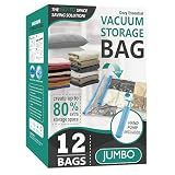 12 Jumbo Vacuum Storage Bags for Blankets & Bedding, Space Saver Bags | Jumbo Capacity for Bulky Bedding; 80% Space-Saving for Blankets, Comforters & Pillows; For Closets & Seasonal Storage