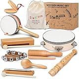Stoie's Wooden Toddler Musical Instruments with Drum, Hand Bells, Flute, Maracas, Castanet, Tamburine, for Babies and Kids, Eco Friendly Montessori Educational Toy