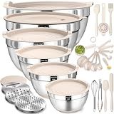 Mixing Bowls with Airtight Lids Set, 26PCS Stainless Steel Khaki Bowls with Grater Attachments, Non-Slip Bottoms & Kitchen Gadgets Set, Size 7, 4, 2.5, 2.0,1.5, 1QT, Great for Mixing & Serving