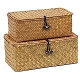 Set of 2 Wicker Basket with Lid, Seagrass Woven Basket for Storage, Decorative Storage Baskets Bins for Organizing Home