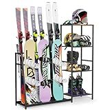 Lurgno Freestanding Snowboard Rack - 4 Pair Ski, 3 Pack Snowboard, Boot, Pole, Goggles, Helmet Rack for Garage, Shed, Basement
