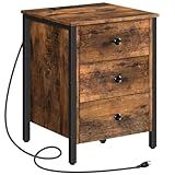 HOOBRO Nightstand with Charging Station, Side Table with 3 Drawers and Storage Shelf, End Table with USB Port, Retro Industrial Style Bedside Table, for Living Room, Bedroom, Rustic Brown BF461BZ01G2