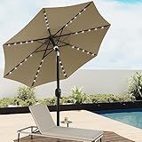 EAST OAK Patio Umbrella, 9 ft Outdoor Table Umbrella with 40 LED Solar Lights and 8 Ribs, 1.9inch Aluminum Pole, UPF 50+ Fade Resistant and Push Button Tilt for Deck and Poolside, Tan