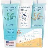 Bergman Kelly - Hotel Toiletries Bundle - Tropical Waterfall, 1 oz each, 100 Pcs - 4-Piece Set: 25 Rectangular Bar Soap, 25 Shampoo, 25 Conditioner & 25 Body Lotion - Bulk Mini Guest Amenities Supply