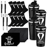 Nuanchu 4 Set Groomsmen Gifts for Men Wedding Proposal Gift 17 oz Stainless Steel Tumbler Groomsman Socks Multi Tool Metal Ballpoint Pen with Black Greeting Card Envelope for Groomsmen male (Black)