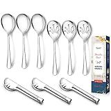 Teivio Stainless Steel Metal Serving Utensils - Large Set of 9-10" Spoons, 10" Slotted Spoons, and 9" Tongs (Silver)