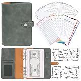 A6 Binder, Soft PU Leather Notebook Binder Cover with 16 Pockets, 12 Budget Sheets, 4 Letter Sticker Labels (Grey)
