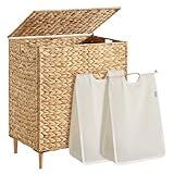 SONGMICS Laundry Hamper 2 Sections, 34.3 Gal. (130 L) Handwoven Water Hyacinth Wicker Laundry Basket with Lid, Natural Material, Removable Machine Washable Liners, Handles, Natural ULCB202Y01