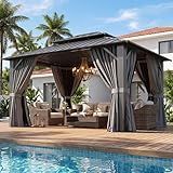 Aoxun 10x12 Gazebo Hardtop Gazebo with Double Galvanized Steel Roof Outdoor Pavilion with Breathable Netting and Privacy Curtain for Backyard (Gray)