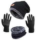 Winter Hat Scarf Gloves Slouchy Beanie Snow Knit Skull Cap Touch Screen Mittens Circle Scarves for Women Men Black