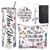 Sieral 5 Pcs New York Travel Gift New York Lover USA Themed Gifts Includes Makeup Bag Thermal Cup Keychain Mirror for Traveler Women Friend Sister Birthday Christmas Party