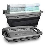 BROOKSTONE 11 GALLON XL 24" Collapsible Laundry Basket & Clothes Hamper, Comfort Non-Slip Handles, Modern Laundry Hamper with Space Saving Design, Portable Pop-Up Hamper, BPA FREE, Grey, 1 Pack