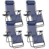 Sweetcrispy Zero Gravity Chairs, Set of 4 Portable Recliner Beach Camping Patio Outdoor Folding Lounge Chair with Cup Holder Trays and Adjustable Pillow for Poolside, Garden, Backyard, Lawn (Blue)