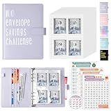 ONEDONE 100 Envelopes Money Saving Challenge Binder A5 Savings Challenges Book with Cash Envelopes and Erasable Marker for Cash Saving Money Saving Binder to Save $5,050, 10,000, 500 Purple