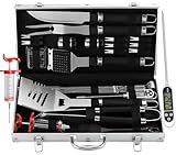 Grilljoy 24PCS BBQ Grill Tools Set with Meat Thermometer and Injector - Extra Thick Stainless Steel Fork, Spatula& Tongs - Complete BBQ Accessories in Aluminum Case - Perfect Grill Gifts for Men