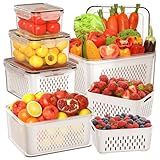 5 PCS Large Fruit Storage Containers for Fridge with Removable Colanders, Airtight Food Storage Containers with 5 Lids, 4 in 1 Produce Containers Keep Berry Fruits Vegetable Food Meat Fresh Longer