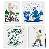 MAYJOYDIY 4Pcs Fishing Template 11.8x11.8/11.7x8.3inch Fisherman in Fishing Boat Stencil Reusable Fisherman Lake Fishing Rod Drawing Stencil for Wall Home Decor DIY Craft Canvas