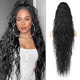 LONAI Ponytail Extension, 34" Black Long Wavy Drawstring Ponytail Extensions, DP001 Softer Lighter 80% Japanese Import Synthetic Clip in Hairpiece Natural Looking Hairpiece for Women-Black