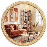 Barnyard Designs Rattan Wall Mirror, Round Farmhouse Boho Accent for Bathroom, Entryway or Bedroom, Handwoven Natural Honey Rattan Frame (25.5", Round)