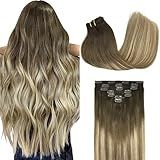 GOO GOO Clip in Hair Extensions Real Human Hair, Remy Human Hair Extensions Clip ins for Women, Natural Human Hair, 14inch 120g 7Pcs, 3/8/613 Balayage Walnut Brown to Ash Brown and Bleach Blonde