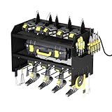 AZERPIAN Power Tool Organizer Wall Mount with Charging Station 3 Layer Heavy Duty Metal Tool Storage Rack with 4 Cordless Drill Holder Utility Rack with 8 Power Strip,Black