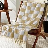 Checkered Boho Beige Throw Blanket Bedroom Living Room Accessories Sofa Couch Chair Essential Bohemian Aztec African Southwest Neutral White Fall Antique Vintage French Country Primitive Cottage Decor