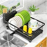 Kmiectse Dish Drying Rack - Space-Saving Small Dish Rack for Kitchen Counter, Rust-Resistant Kitchen Drying Rack, Compact Dish Drainer Organizer with Utensil Holder for Home Kitchen, Black