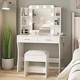 Vabches Vanity Desk with Lights,Makeup Vanity with Power Strip,Dressing Table Set with 2 Large Drawers,Vanity Mirror 3 Lighting Color Adjustable,White