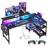 ODK 48 Inch Gaming Desk with USB Charging Ports and LED Lights, Reversible L Shaped Computer Desk with Storage Shelves & Monitor Stand, Corner Gamer Desk Table with Power Outlets, Black