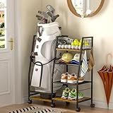 DAOUTIME Golf Bag Garage Storage Rack with Wheels, Organizer for Single Golf Bag and Equipment Accessories, Ideal for Home, Garage, Club, Shed, Basement - Sturdy Wood and Metal Construction (Black)